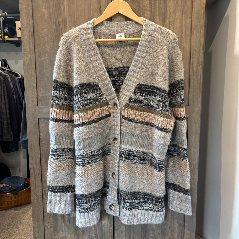 Cabi boyfriend Cardigan 4471 Striped Knit V-Neck Button Front Sweater Grey XL